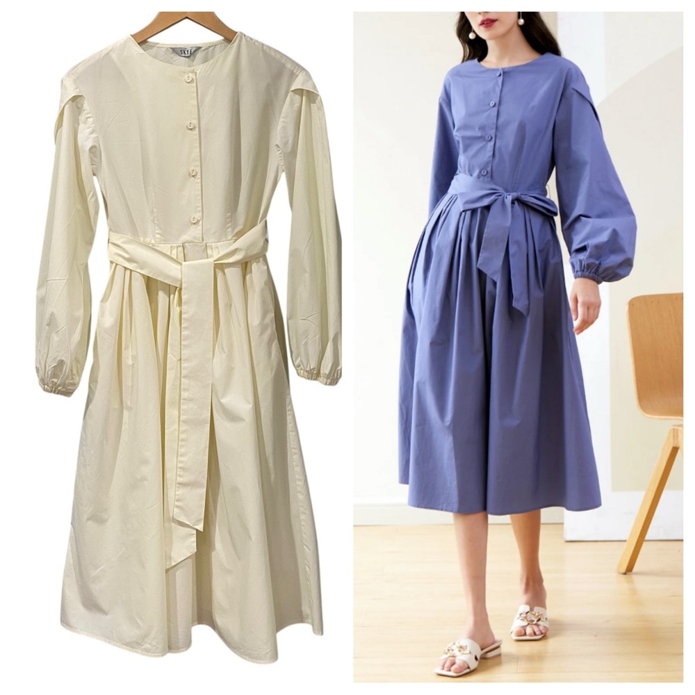 NWT SKYE Rosalie Cotton Light Beige Puff Sleeve Midi Dress S